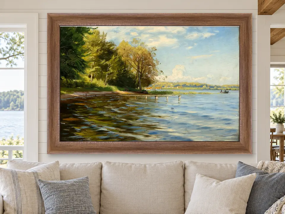 Peaceful Passage Boat Landscape Framed Wall Art framed on a wall