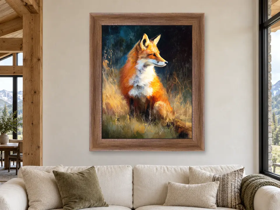 Soft Gathering Red Fox Framed Wall Art framed on a wall