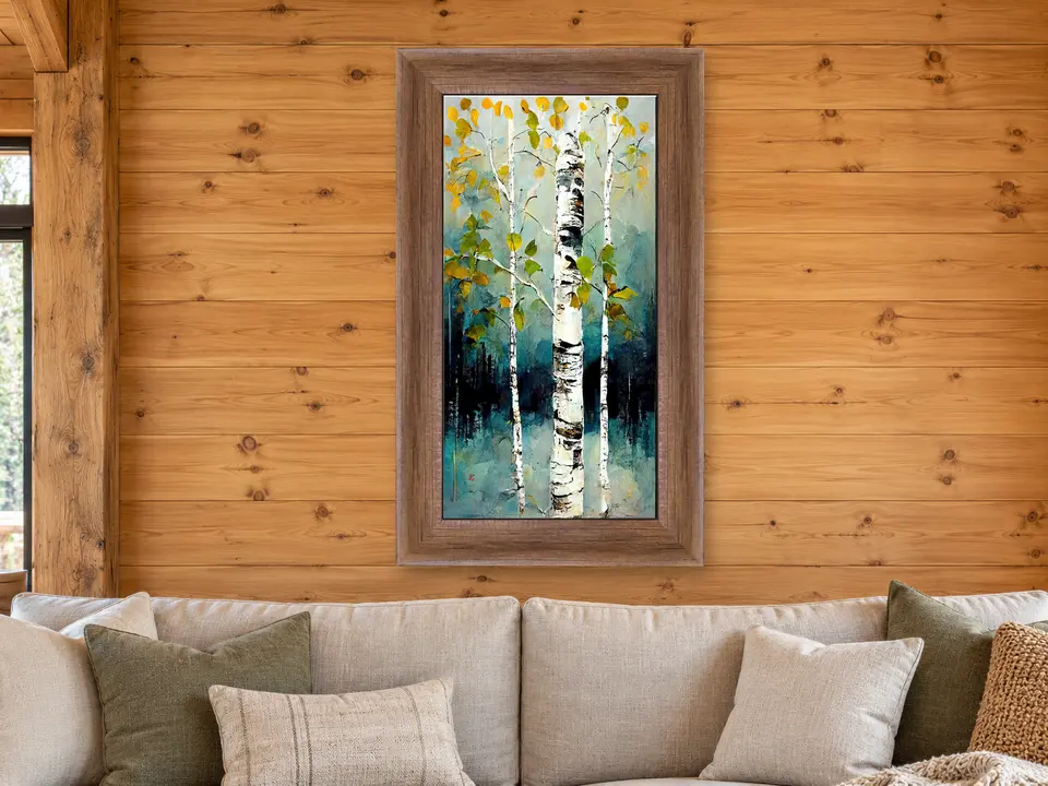 Soft Reverie Birch Woodland Framed Wall Art framed on a wall