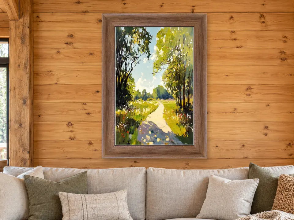 Distant Serenity Landscape Framed Wall Art framed on a wall