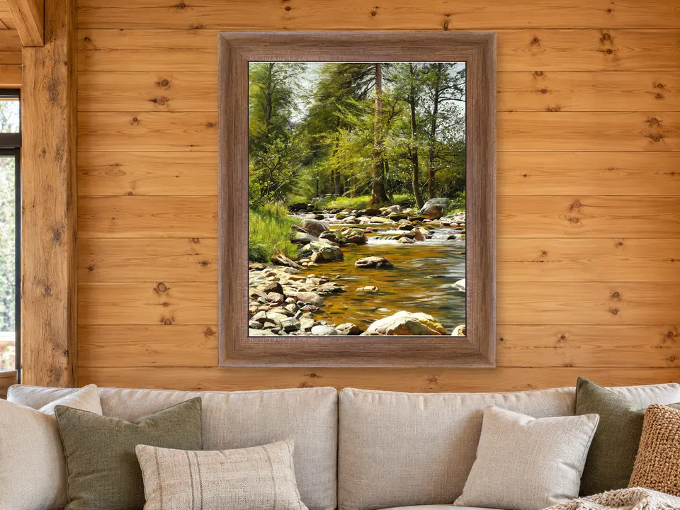 Silent Passage Forest Creek Framed Wall Art framed on a wall