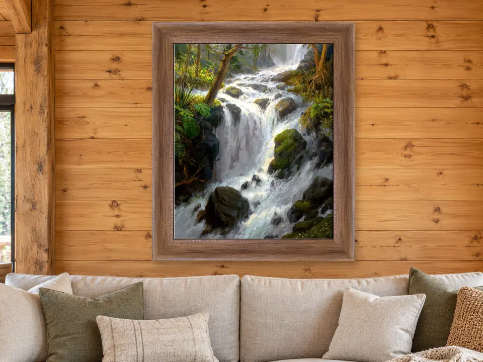 Open Impression Waterfall Framed Wall Art framed on a wall