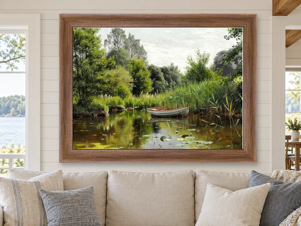 Tender Pause Boat Landscape Framed Wall Art framed on a wall