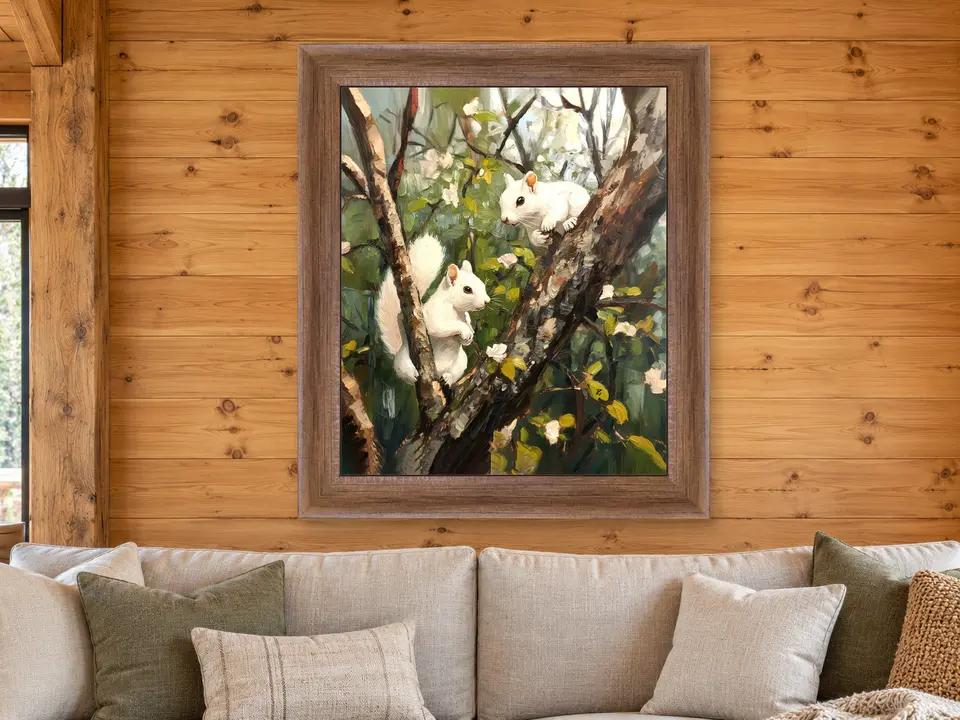 Wandering Wonder White Squirrel Framed Wall Art framed on a wall