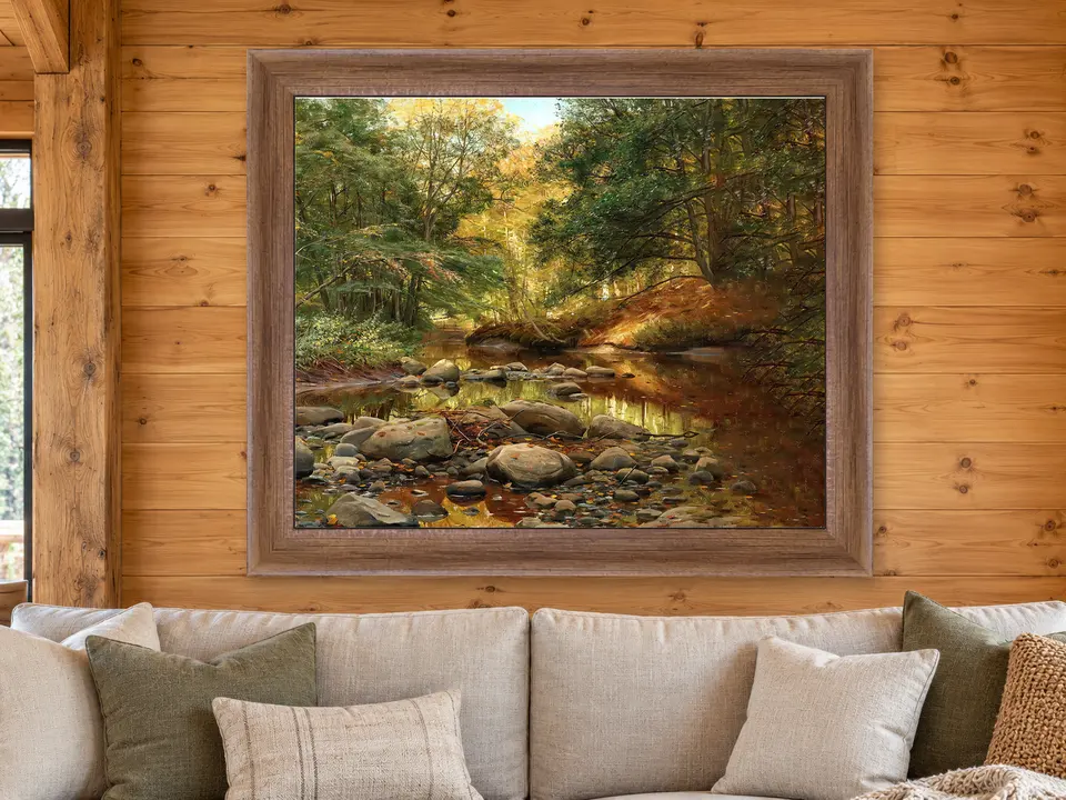 Tender Awakening Forest Creek Framed Wall Art framed on a wall