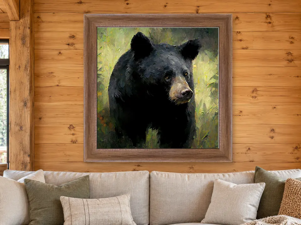 Calm Sanctuary Black Bear Framed Wall Art framed on a wall