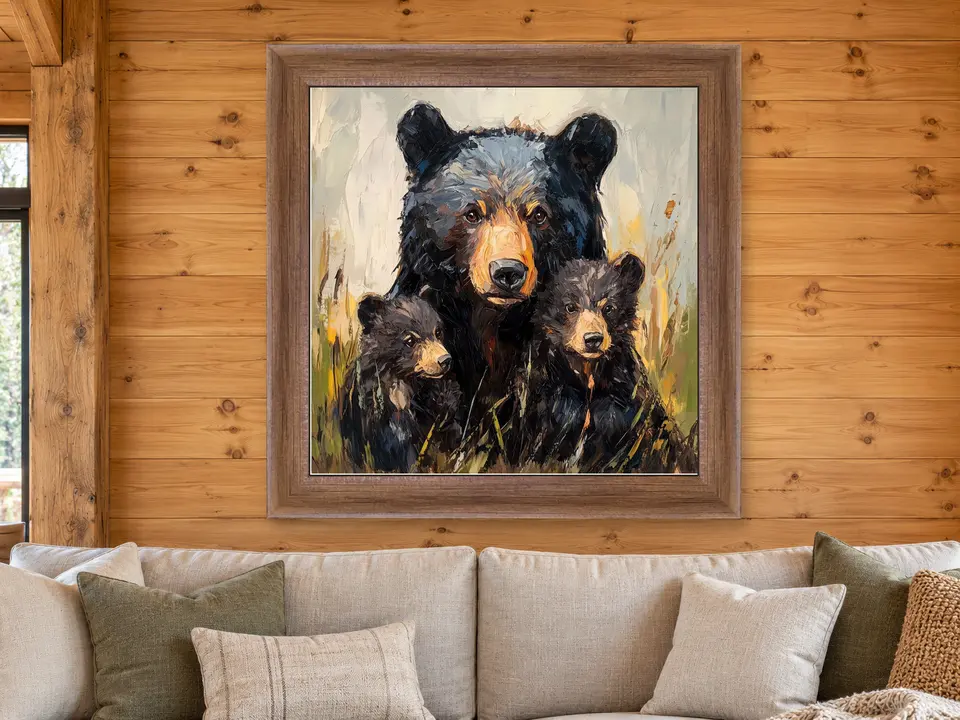 Wistful Tranquility Black Bear Framed Wall Art framed on a wall