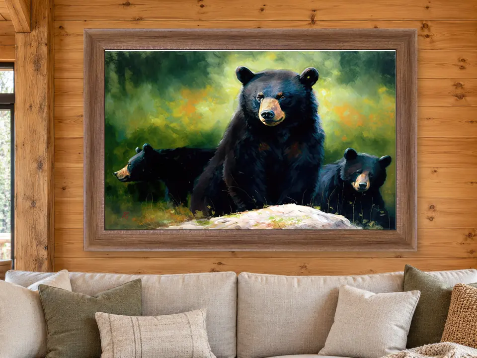 Timeless Poise Black Bear Framed Wall Art framed on a wall