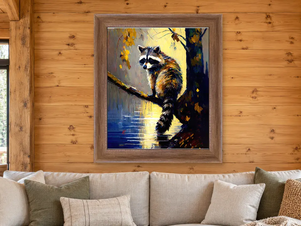 Peaceful Essence Raccoon Framed Wall Art framed on a wall