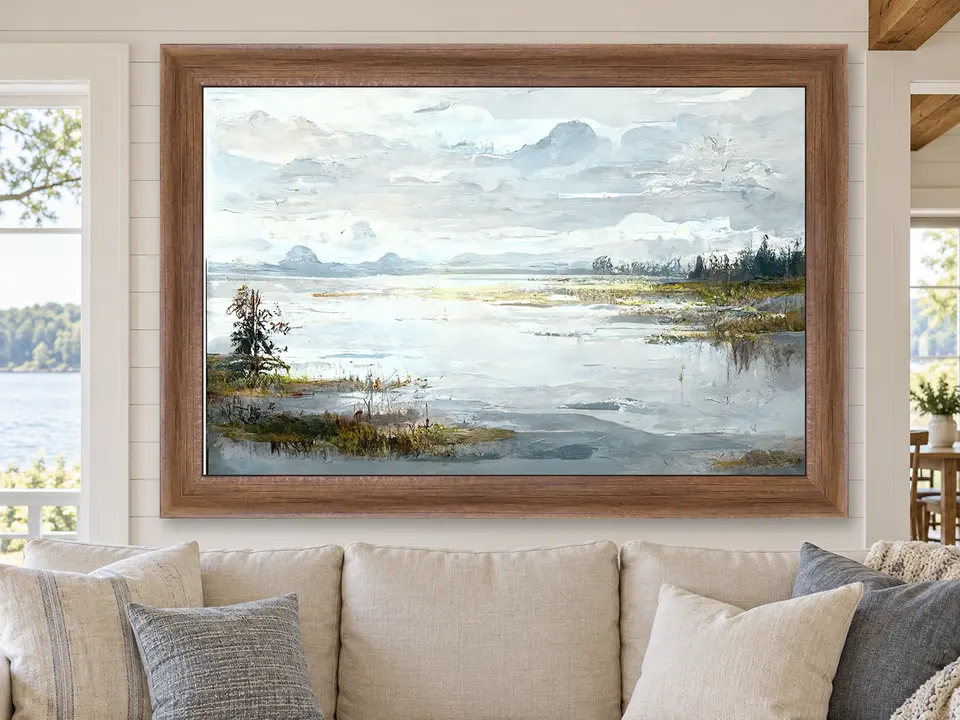 Tender Grace Lake Landscape Framed Wall Art framed on a wall