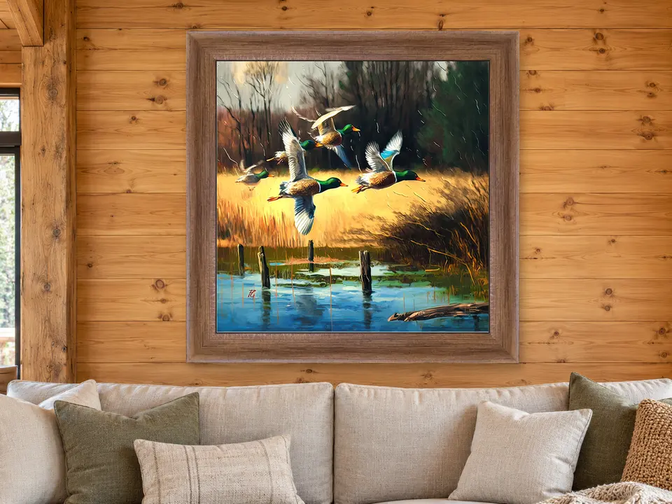 Calm Moment Mallard Ducks Framed Wall Art framed on a wall