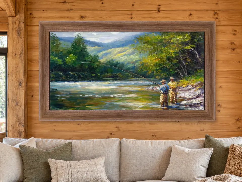 Enduring Stillness Fishing Scene Framed Wall Art framed on a wall