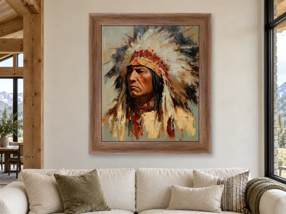 Peaceful Sanctuary Feathered Headdress Portrait Framed Wall Art framed on a wall