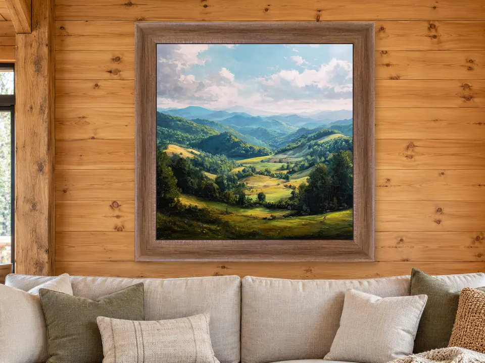 Soft Moment Mountain Landscape Framed Wall Art framed on a wall