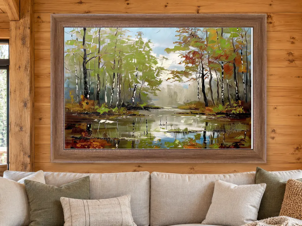 Soft Journey Forest Creek Framed Wall Art framed on a wall