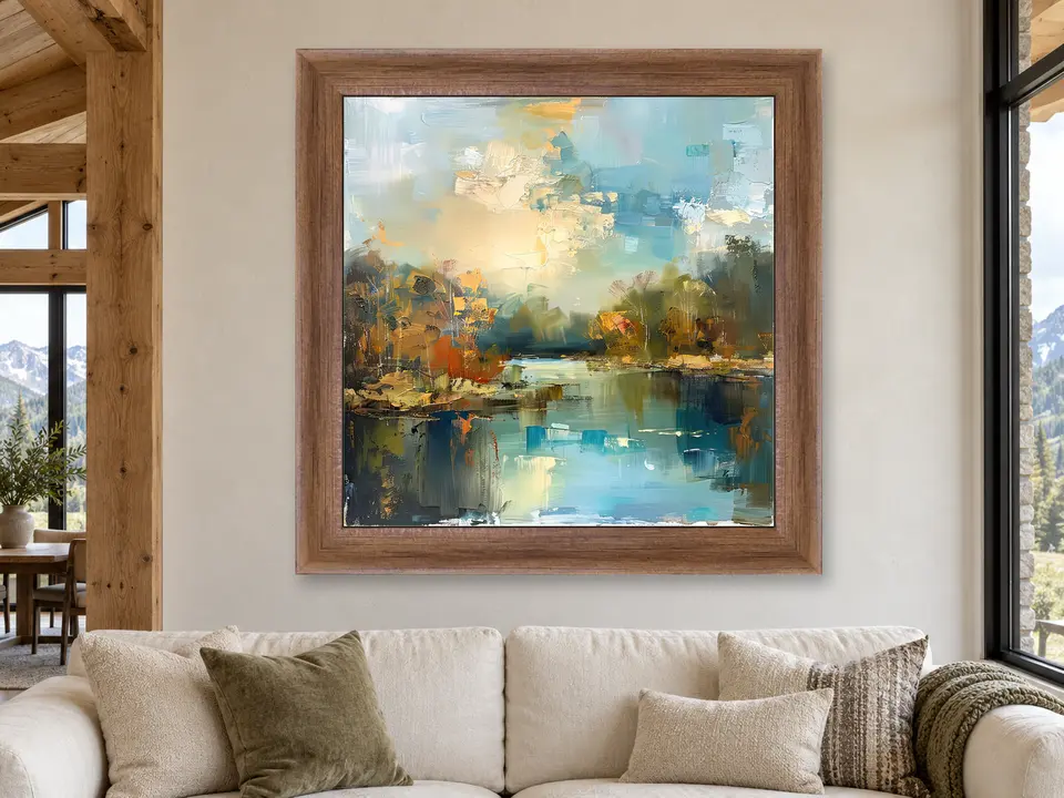 Calm Perspective Lake Landscape Framed Wall Art framed on a wall