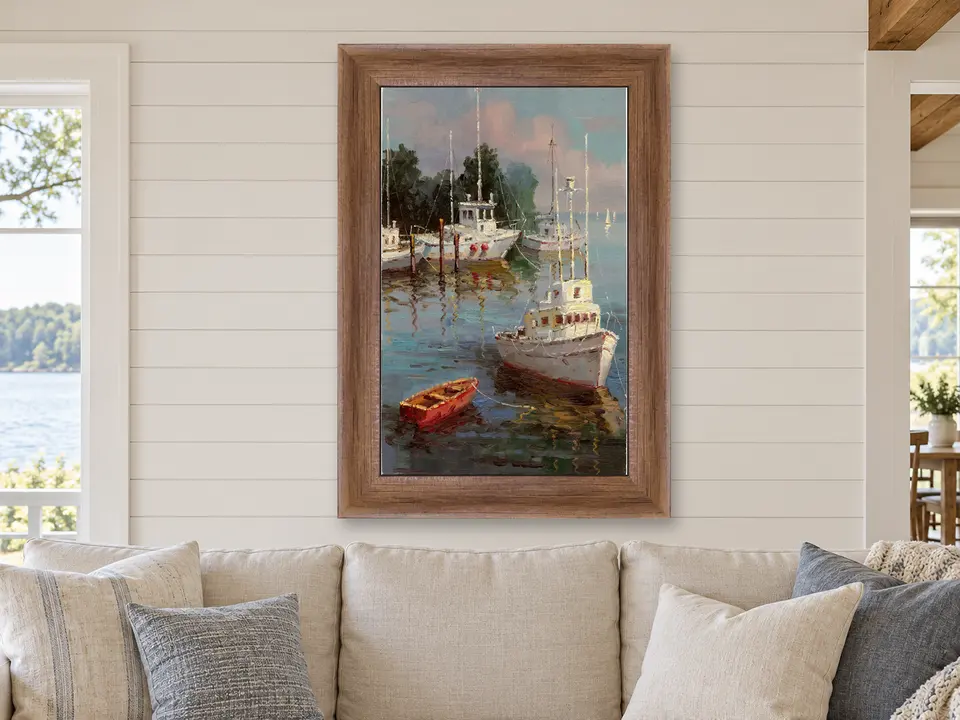 Quiet Serenity Boat Landscape Framed Wall Art framed on a wall