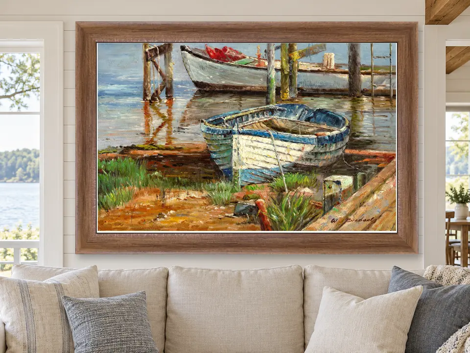Tender Memory Boat Landscape Framed Wall Art framed on a wall