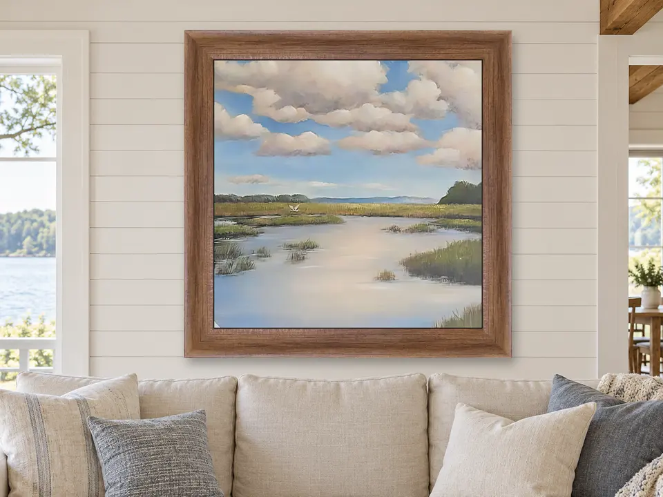 Distant Musing Marsh Landscape Framed Wall Art framed on a wall