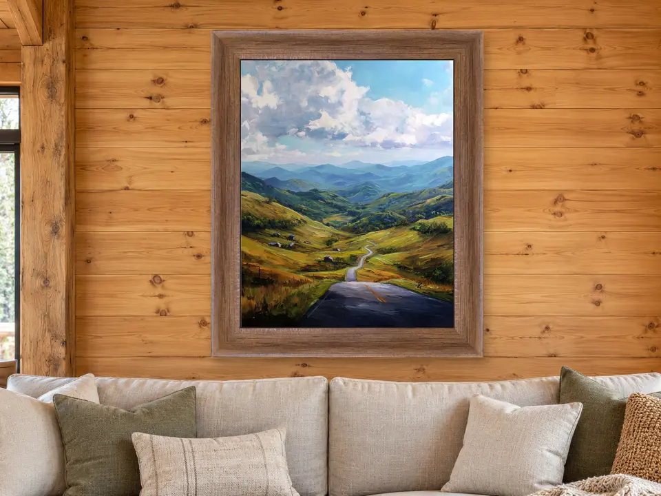 Distant Wander Mountain Landscape Framed Wall Art framed on a wall