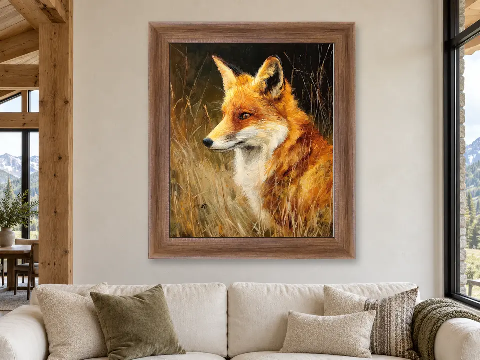 Calm Grace Red Fox Framed Wall Art framed on a wall
