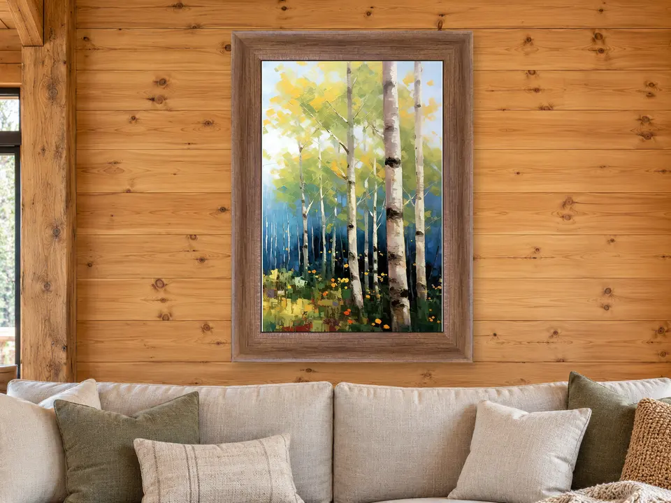 Wistful Moment Birch Woodland Framed Wall Art framed on a wall