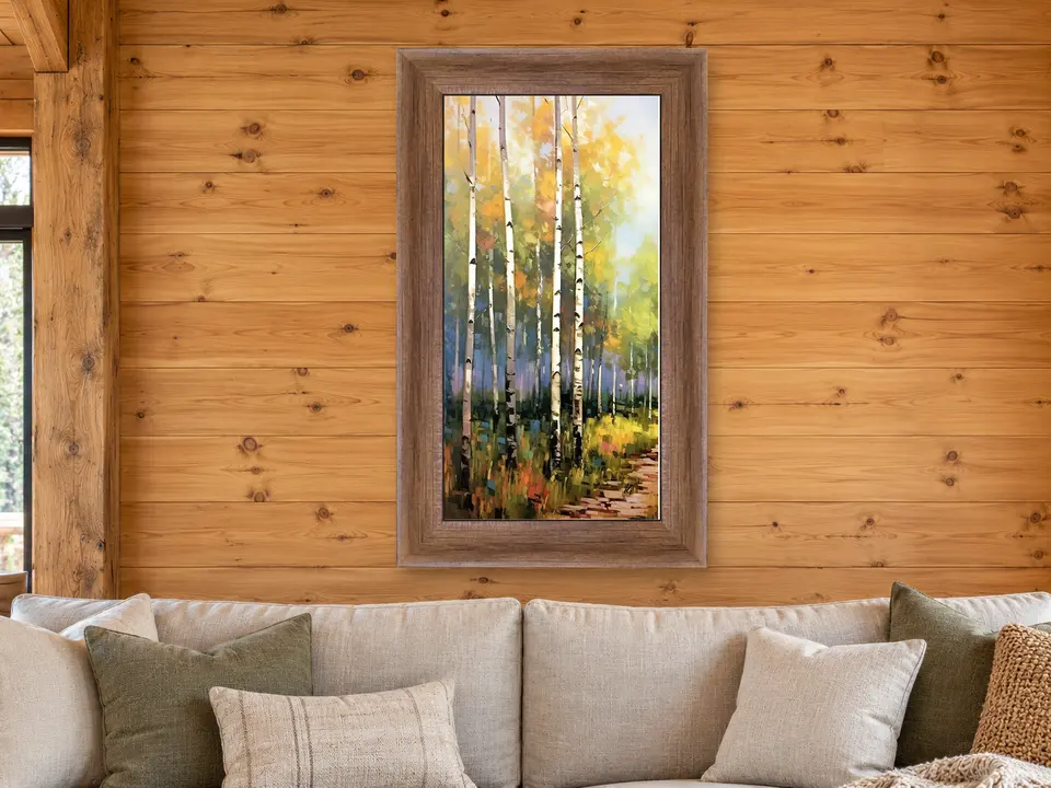 Peaceful Poise Birch Woodland Framed Wall Art framed on a wall