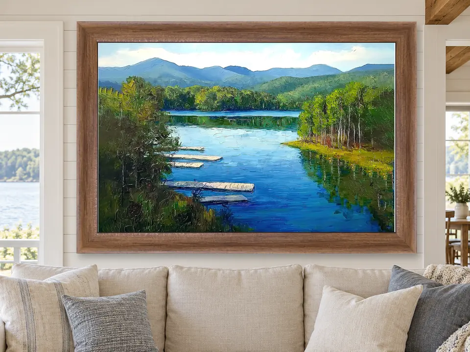 Enduring Vista Lake Landscape Framed Wall Art framed on a wall