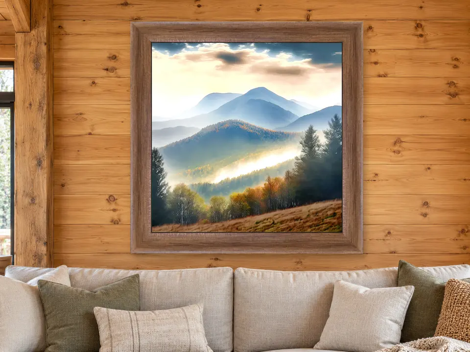 Still Gathering Mountain Landscape Framed Wall Art framed on a wall