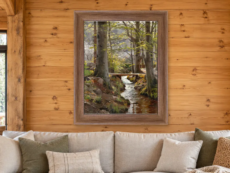 Wandering Solitude Woodland Bridge Framed Wall Art framed on a wall