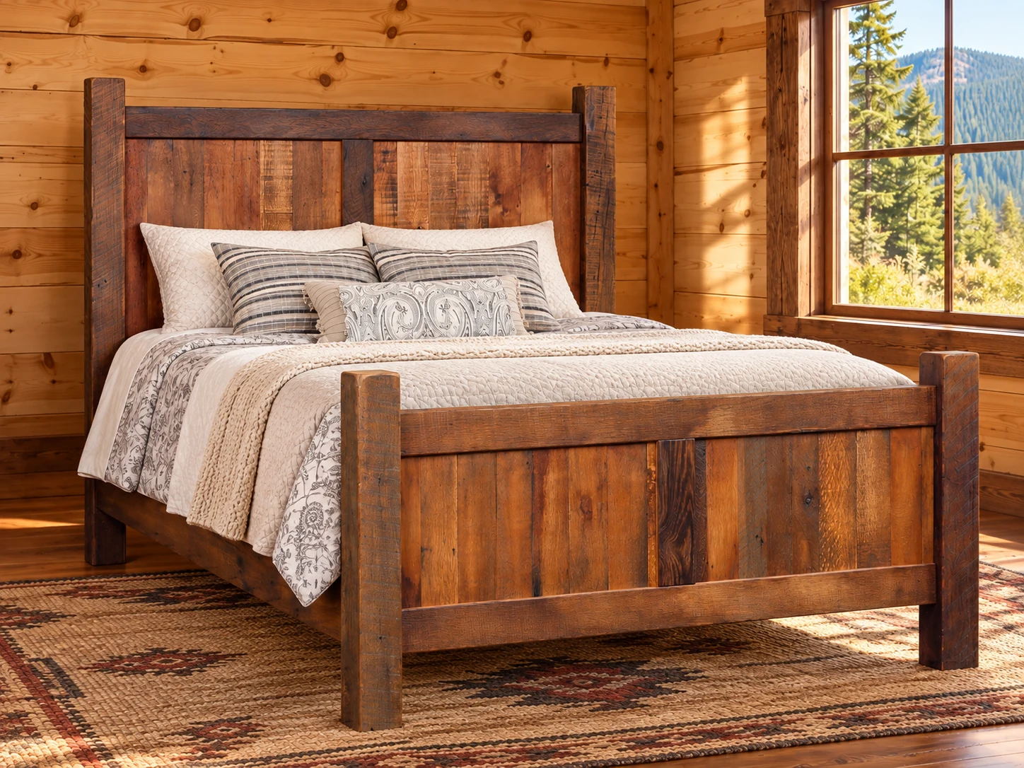 Reclaimed Barnwood panel bed in a cabin room visualization