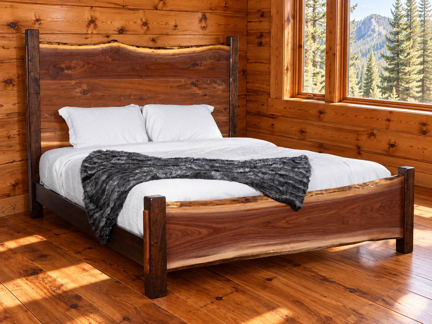 Black Walnut live-edge slab bed with square posts in a cabin room visualization