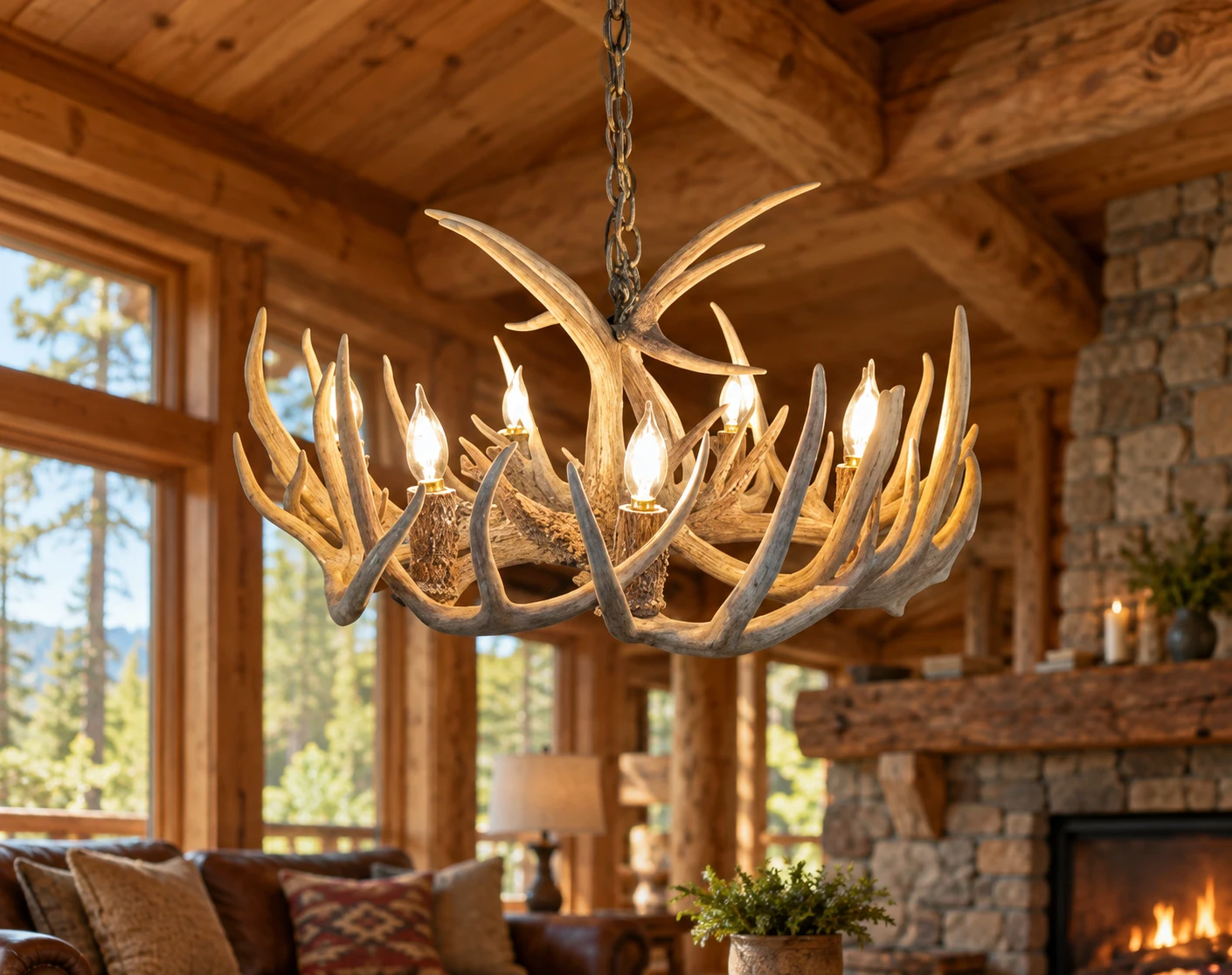 Antler chandelier in a rustic cabin