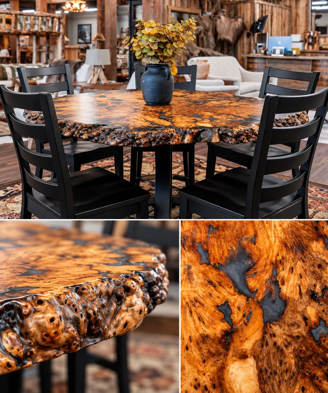 Burl Live-Edge Dining Table Set
