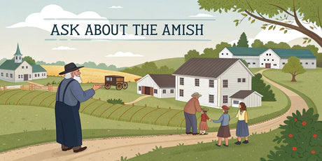 llustration of Amish life with church, horse and buggy, farmhouses, and families in the countryside for Ask About the Amish series.