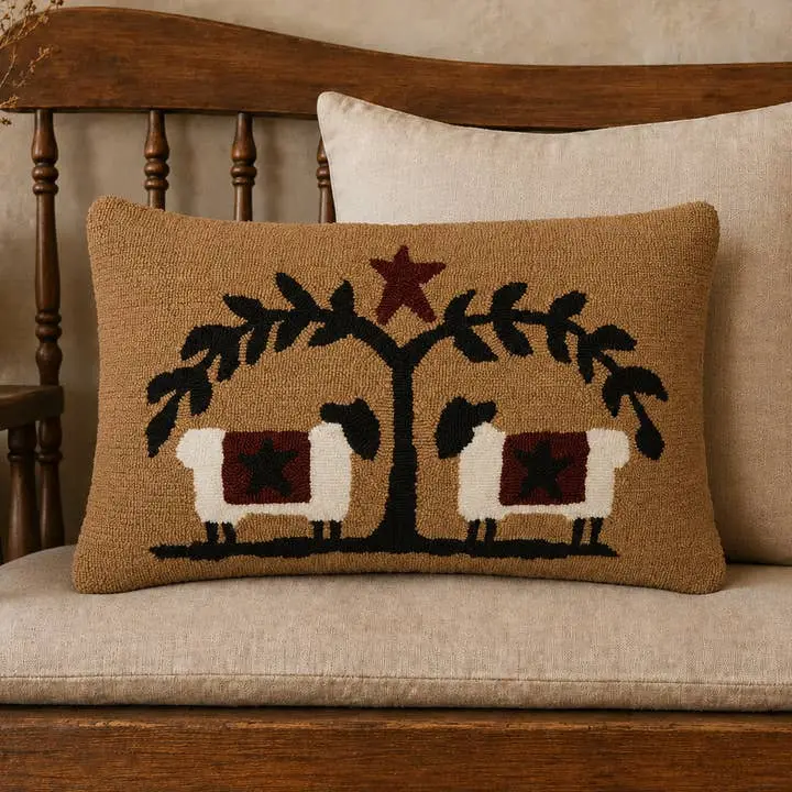 Heritage Farms Sheep and Star Hooked Throw Pillow 14x22