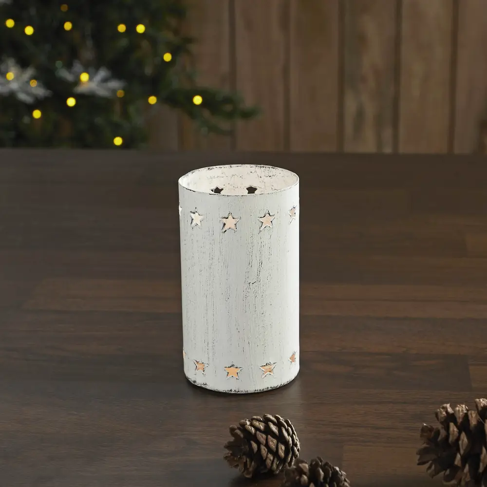 Star Border Distressed White Candle Holder