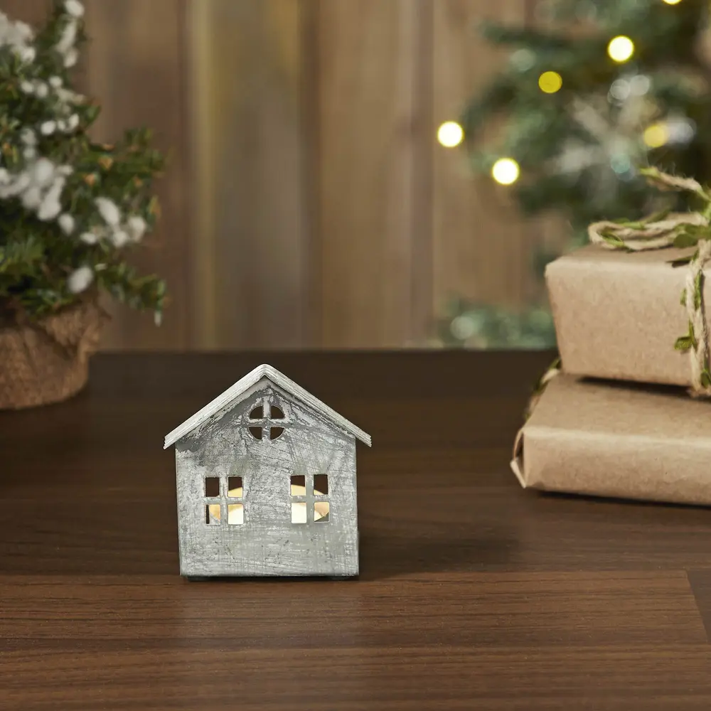 Tealight Holder Metal Village House G Antique Grey