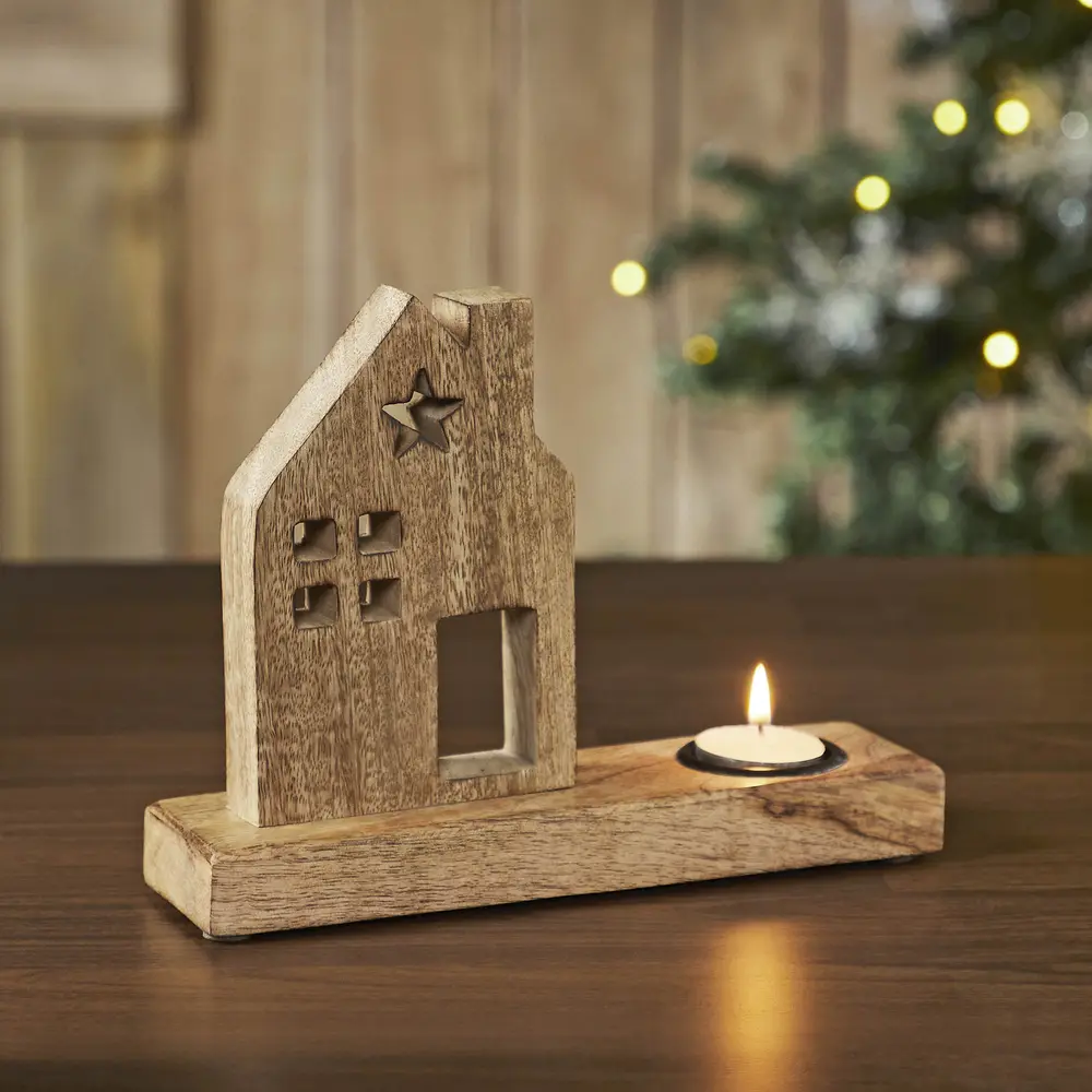 Wooden Saltbox House Star Tealight Holder
