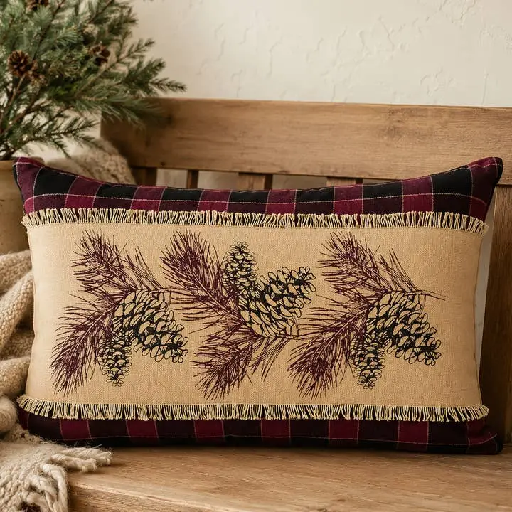 Rustic Lodge Christmas Pinecone Lumbar Throw Pillow 14x22