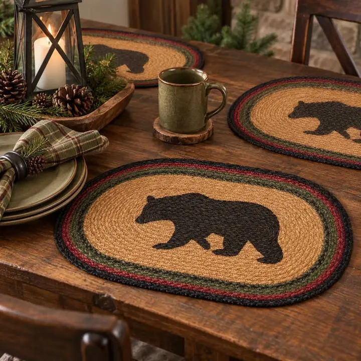 Wyatt Stenciled Bear Jute Placemat Oval Set of 6 12x18