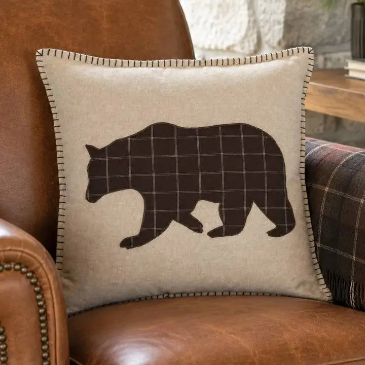 Applique Bear Throw Pillow Wyatt Rustic Decor 18”